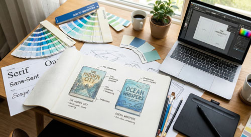 Creative workspace with book designs, color swatches, typography samples